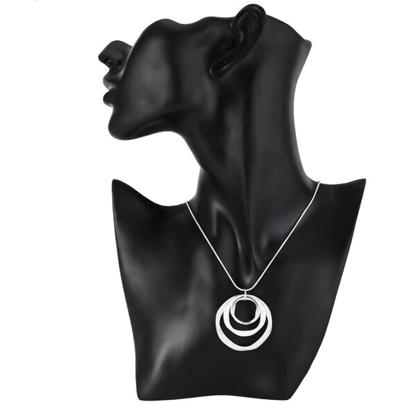 Women's 925 Plated Hypoallergeni 3 Circles Silver Hoop Earring and Necklace Set - Picture 2 of 7